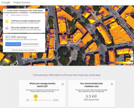 Proiectul Google – „Project Sunroof” analizează cu ajutorul sistemului Google Earth posibilitatea de instalare pe acoperișuri a panourilor solare și calculează beneficiile pentru locatarii casei. În prezent în baza de date sînt 43 de milioane de acoperișuri.